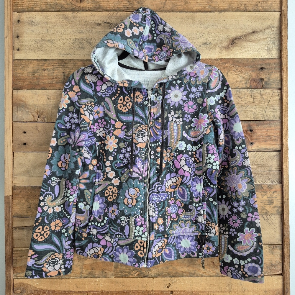 db LIFE Flower Print Zip Front Hoodie Womens S Dopamine Bling